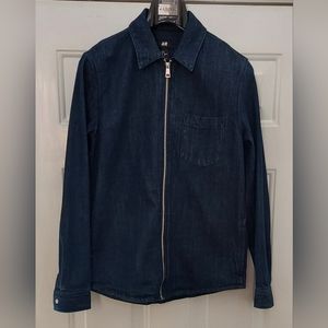 H&M MEN'S INDIGO BLUE DENIM COTTON ZIP-UP SIDE POCKETS LONG SLEEVE SHIRT SIZE S